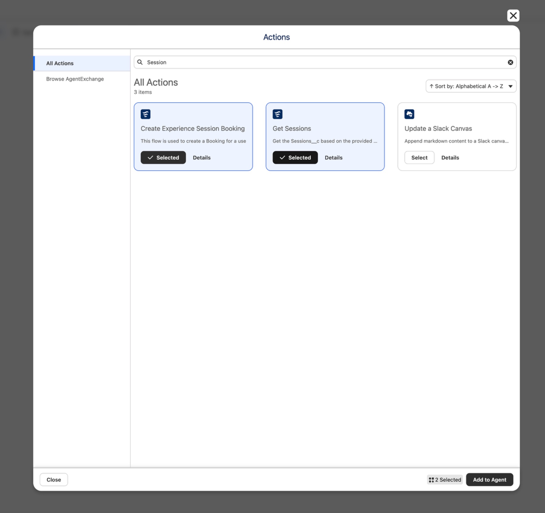 Agentforce Builder Explorer with Experience Management subagent open showing four actions