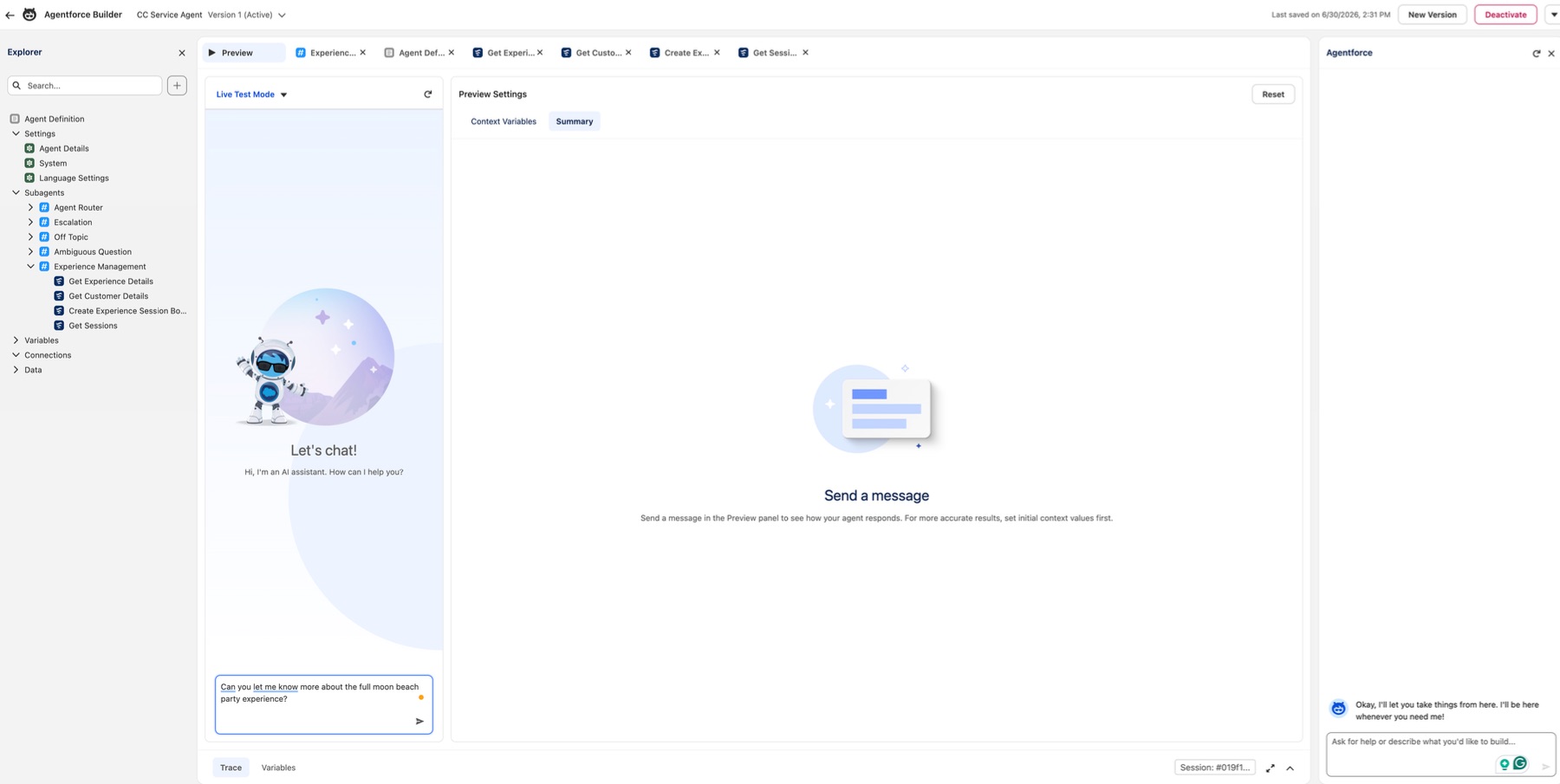 Experience Management subagent showing all four actions wired to their Salesforce Flows