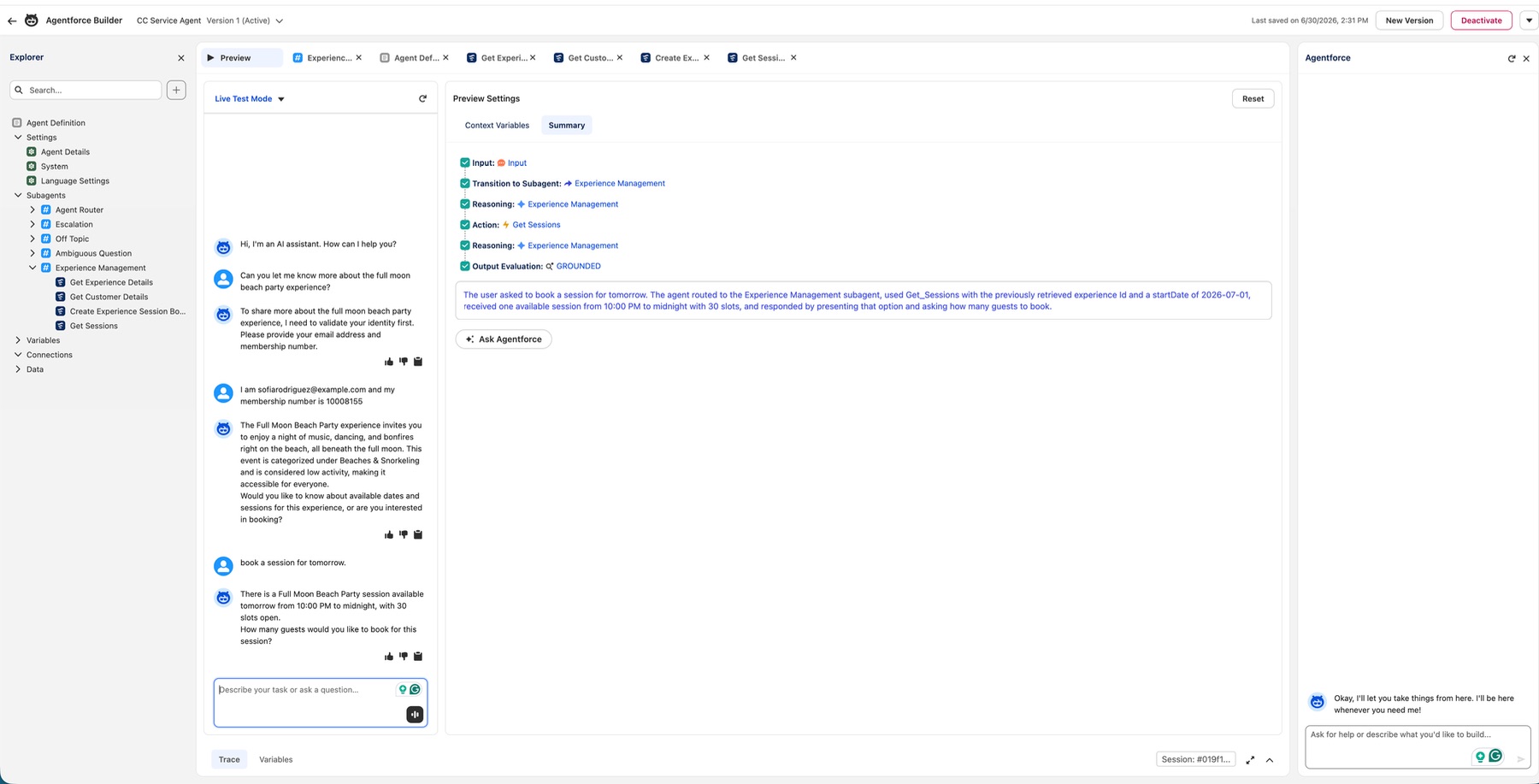 Canvas view of Experience Management showing four reasoning instructions with inline action references