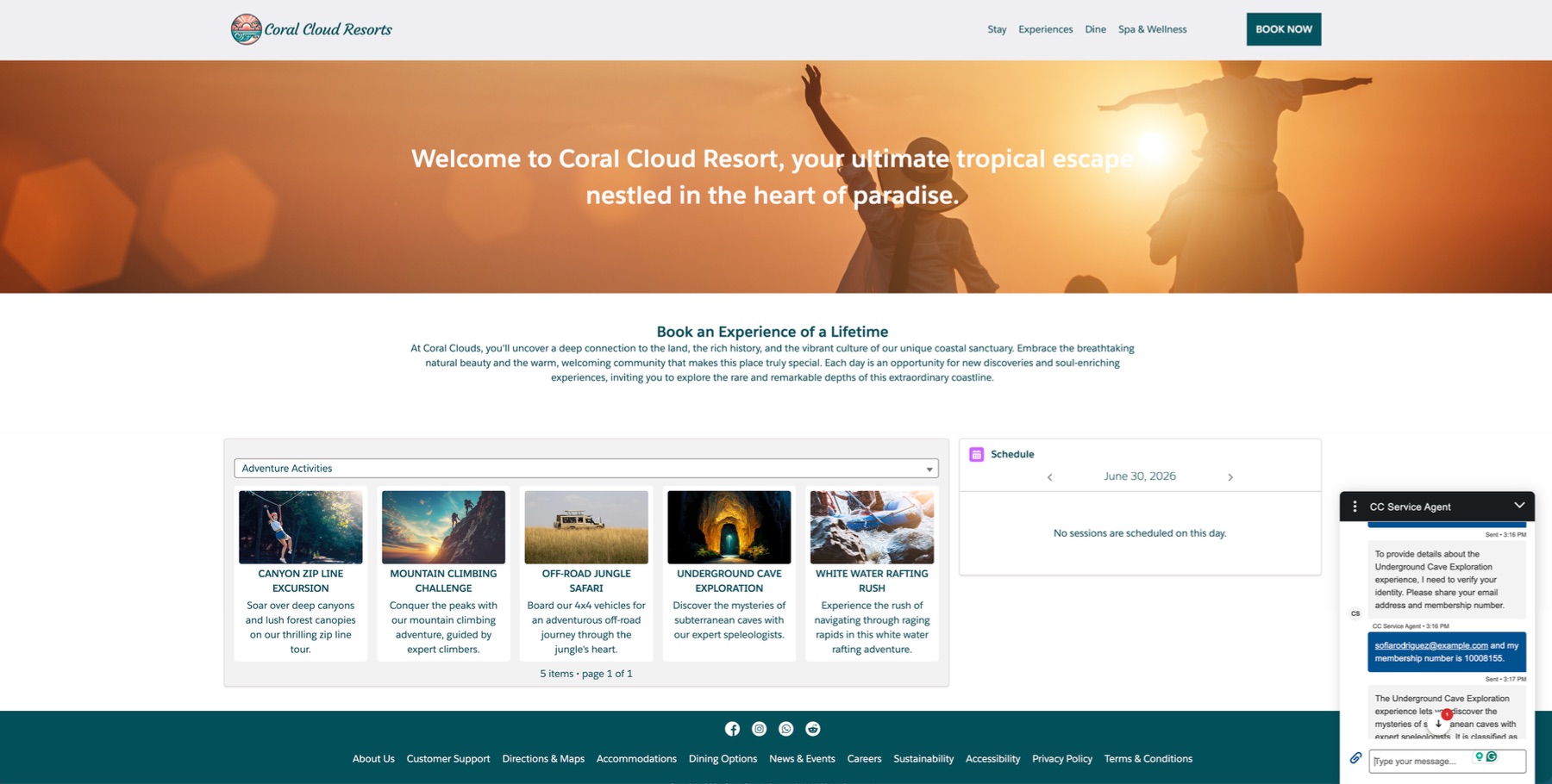 Coral Cloud Resorts Experience Cloud site with the CC Service Agent chat widget live in the bottom-right corner, mid conversation with a guest