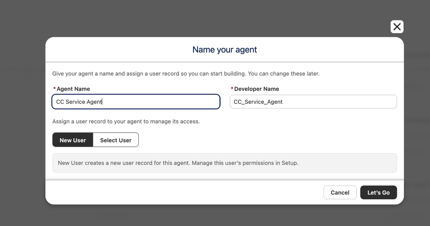 Name your agent dialog showing CC Service Agent name and EinsteinServiceAgent user selected