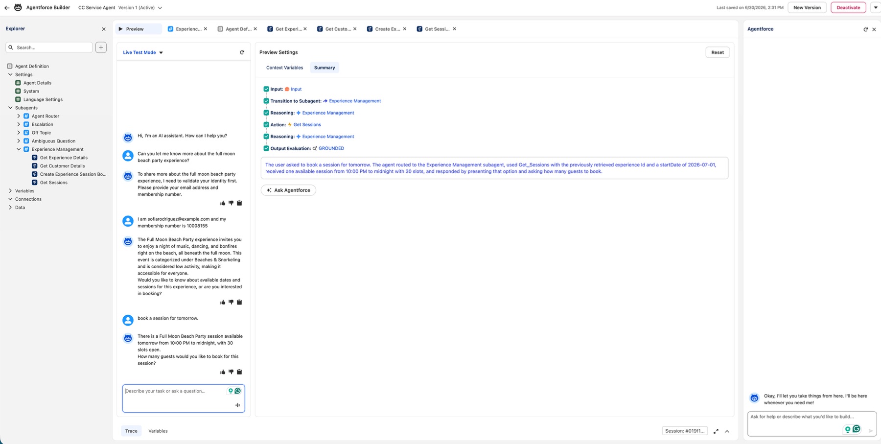 Script view showing the full agent YAML with subagent instructions, action definitions and input-output schemas
