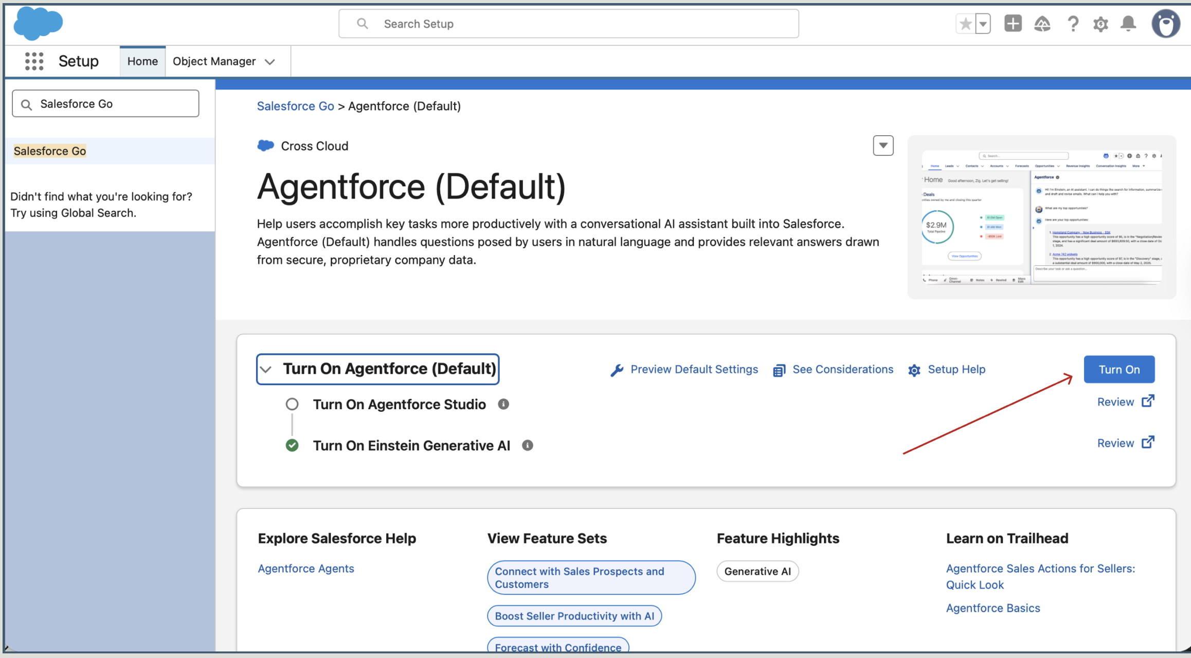 Salesforce setup page turning on Agentforce Default and Einstein Generative AI