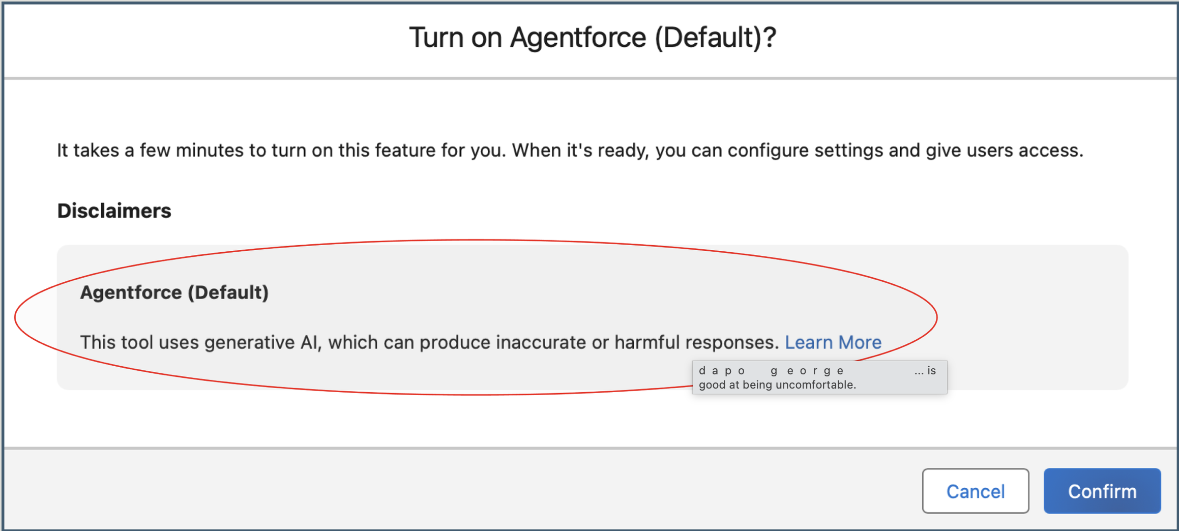 Governance disclaimer modal warning that generative AI can produce inaccurate responses