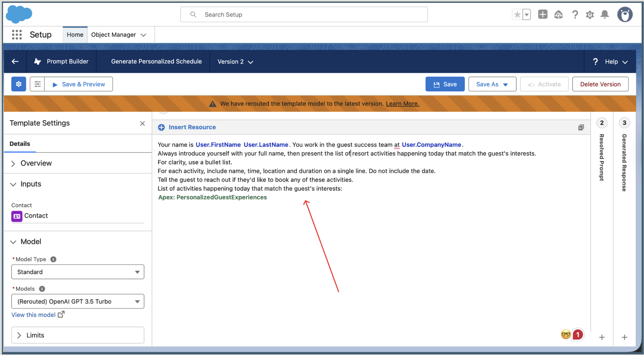 Prompt template grounded in User.FirstName, CompanyName and a contact record
