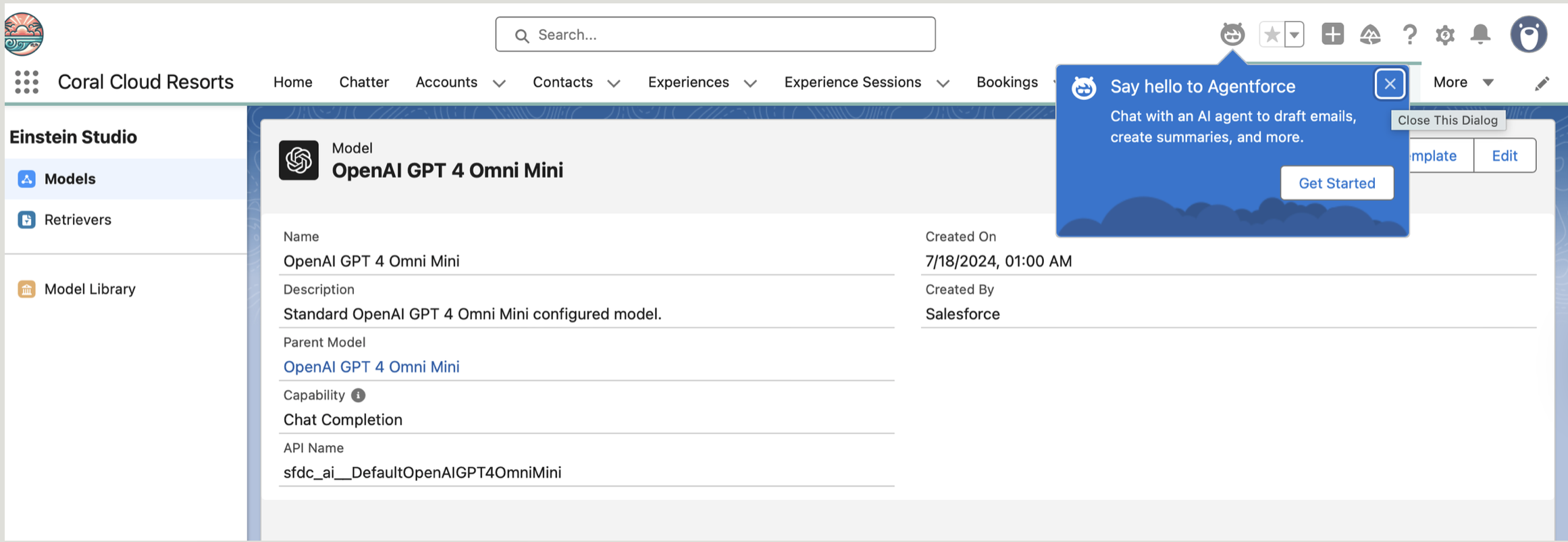 Configured OpenAI GPT-4 Omni Mini model details in Einstein Studio