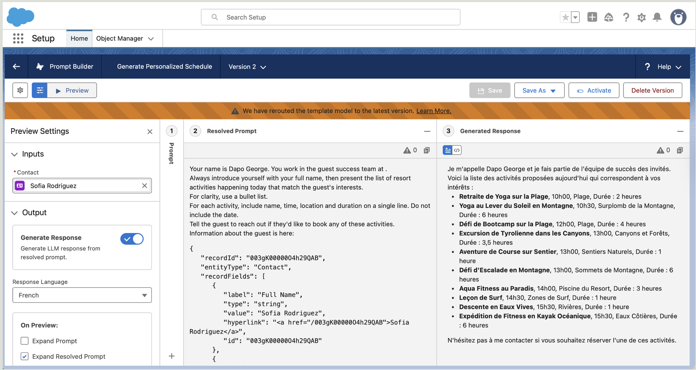 The same grounded prompt generating a personalised schedule in French