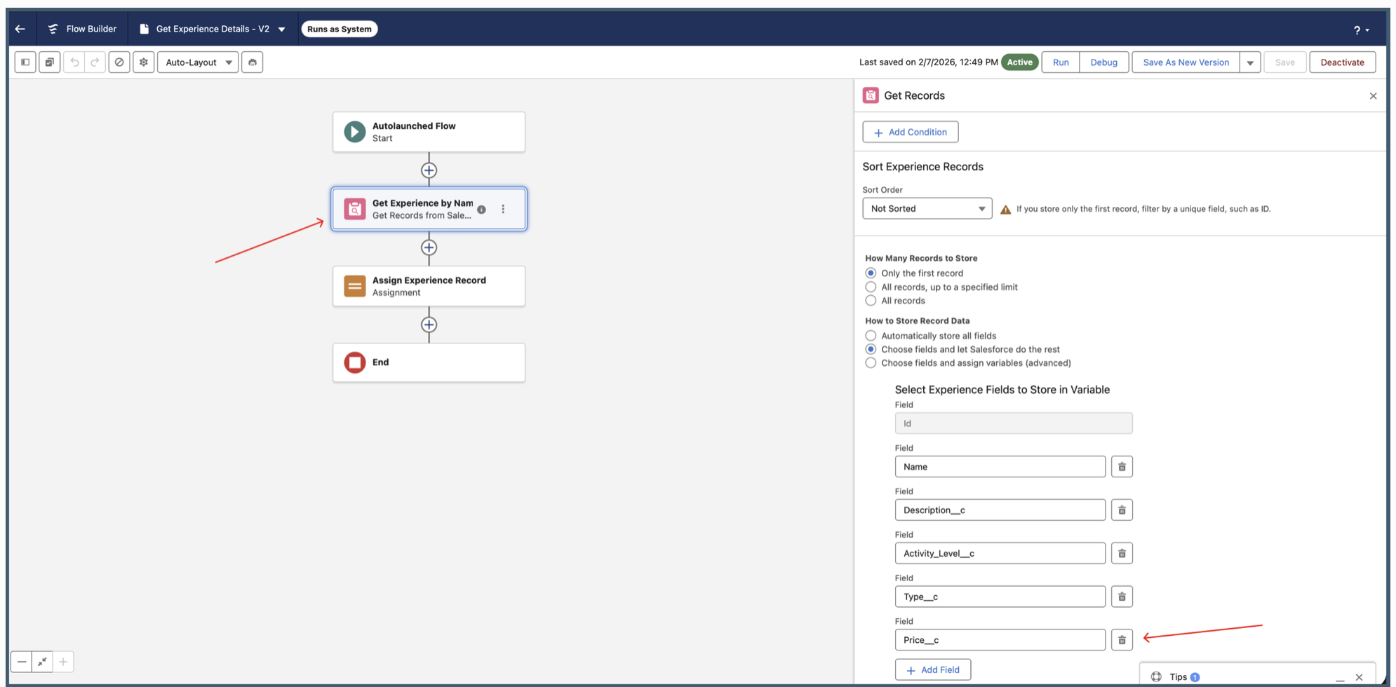 Flow Builder Get Records configuration adding the Price field to the experience retrieval