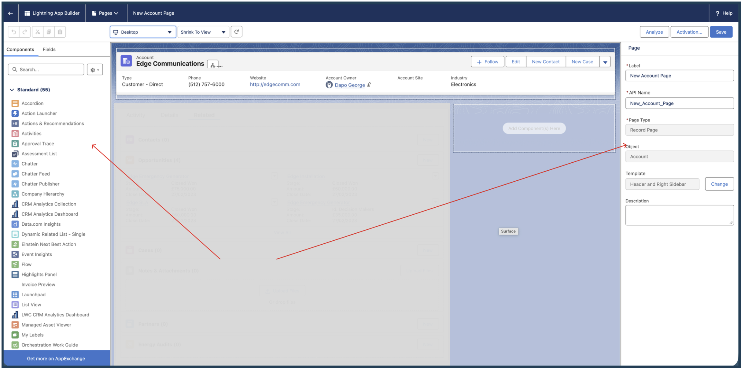 Lightning App Builder configuration showing components, canvas, and page properties