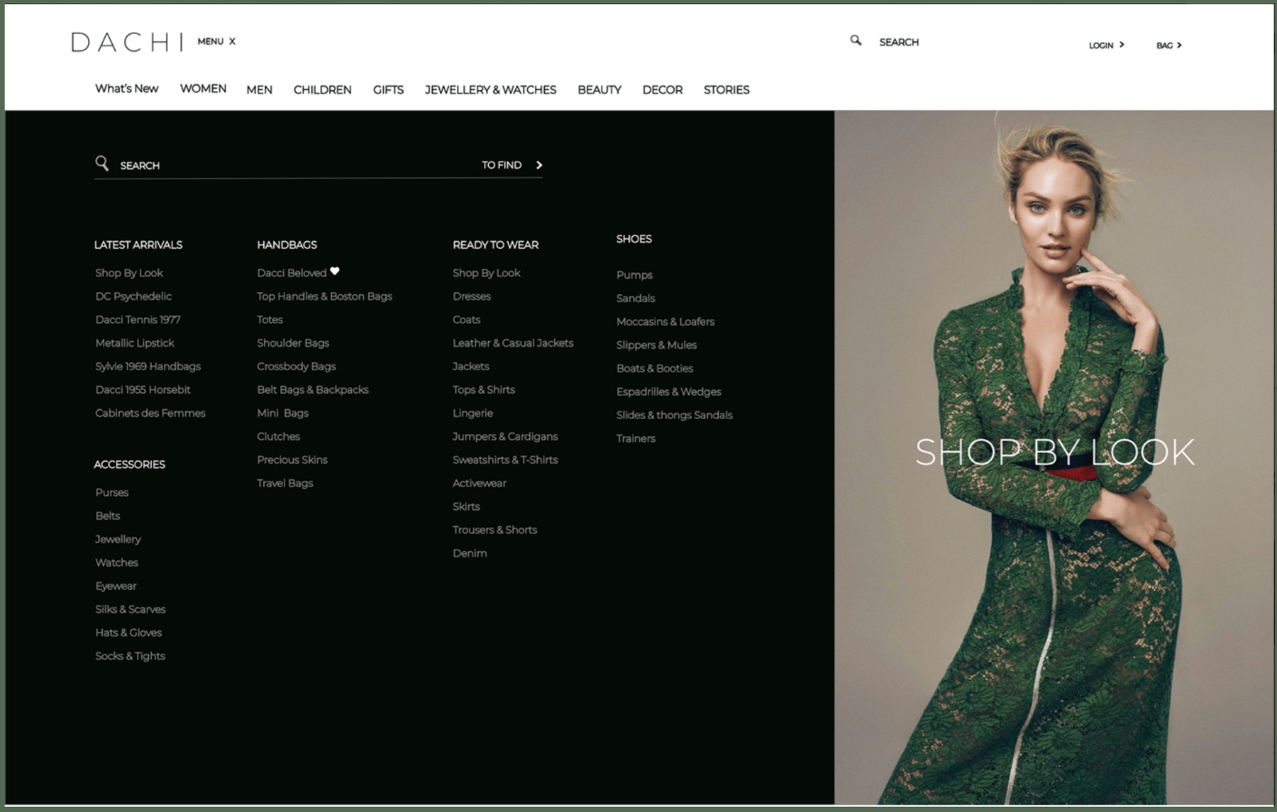 Dachi desktop layout, full horizontal nav, search-led mega menu, and large shop-by-look editorial panel