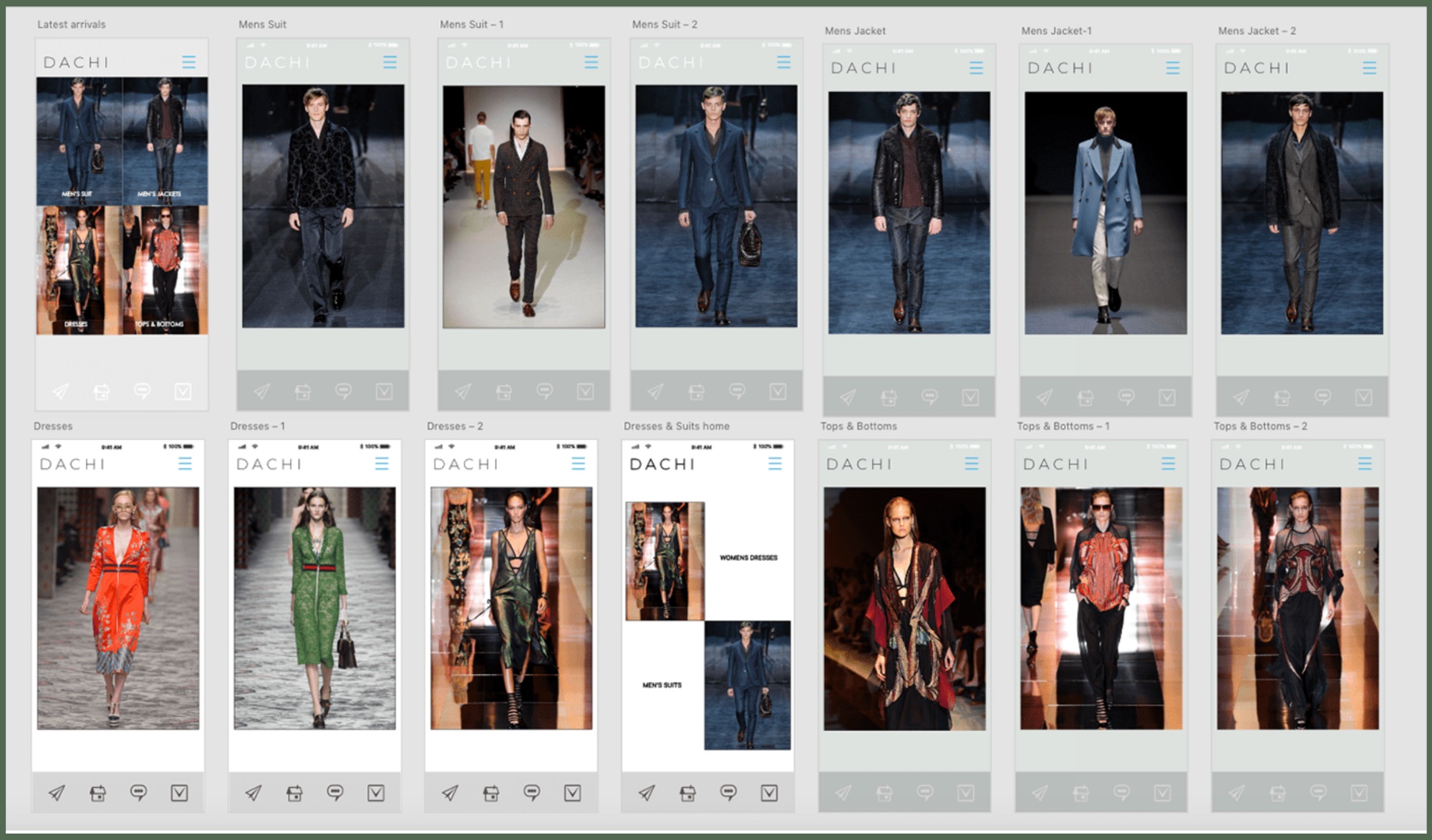 Grid of 14 Dachi mobile screens mapping the full navigation flow across categories