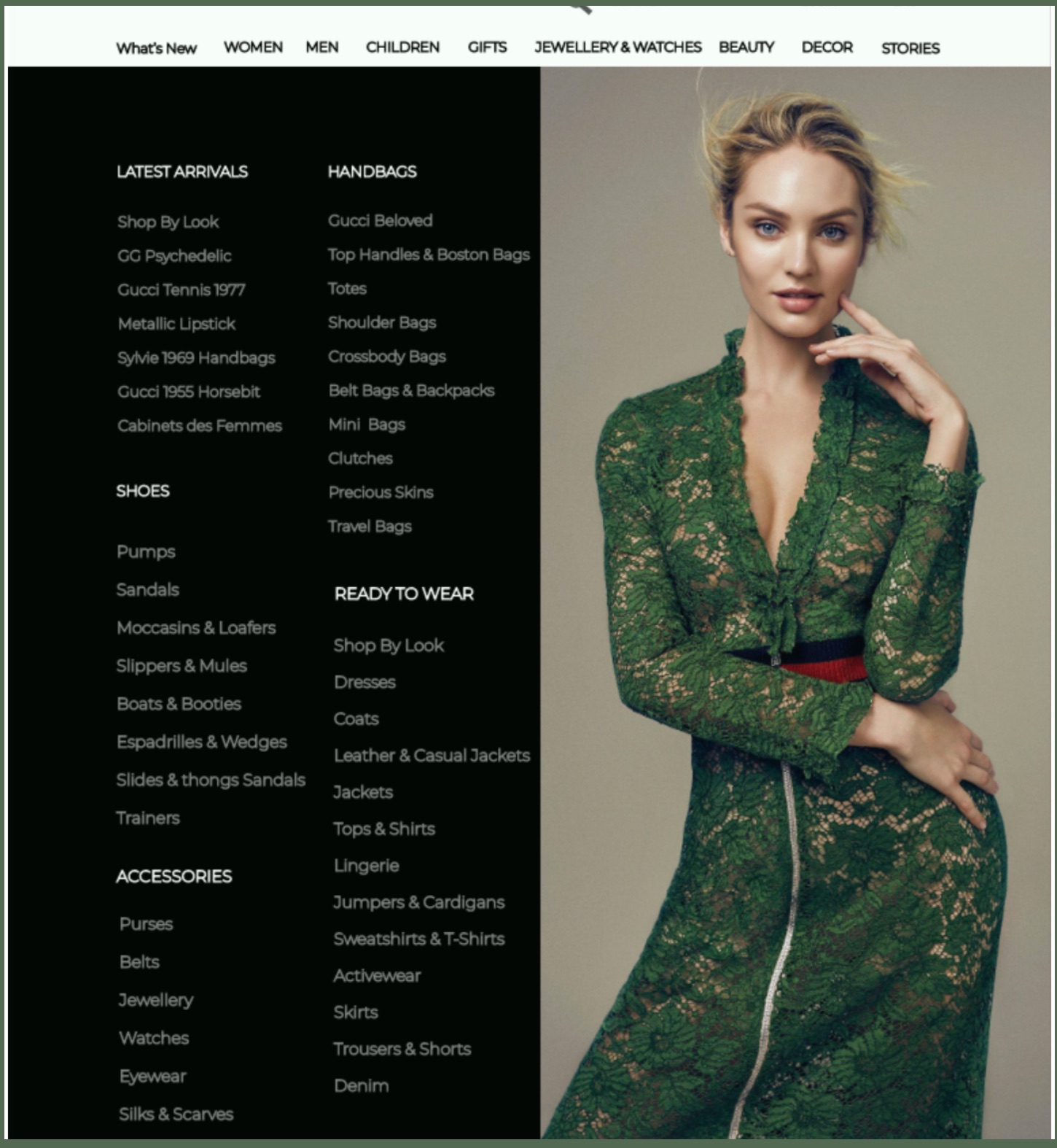 Dachi tablet layout, expanded category mega-menu beside the editorial image