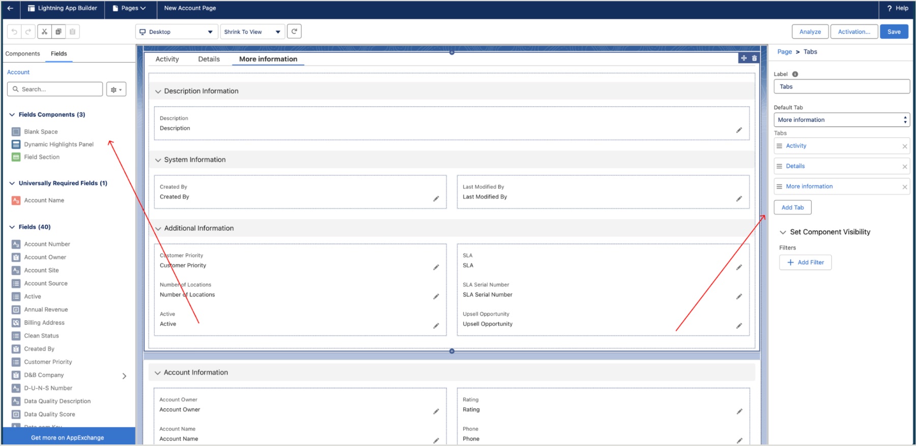 Lightning App Builder showing Field Section, Dynamic Highlights Panel and Tabs components in the Fields panel