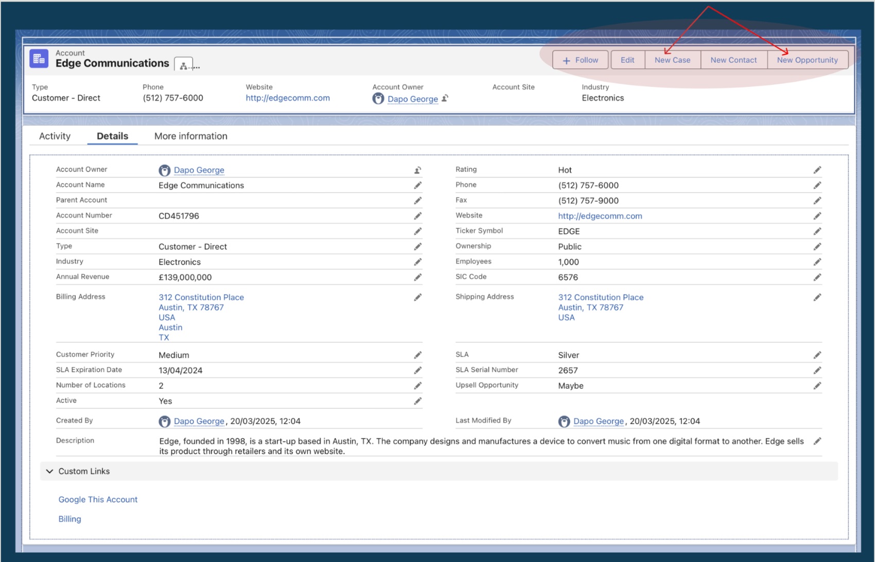 Edge Communications account record, Details tab with the Dynamic Highlights Panel surfacing New Case and New Opportunity actions