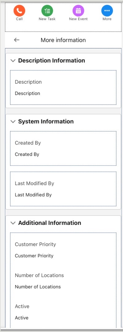 Mobile More Information view with the same Dynamic Forms sections