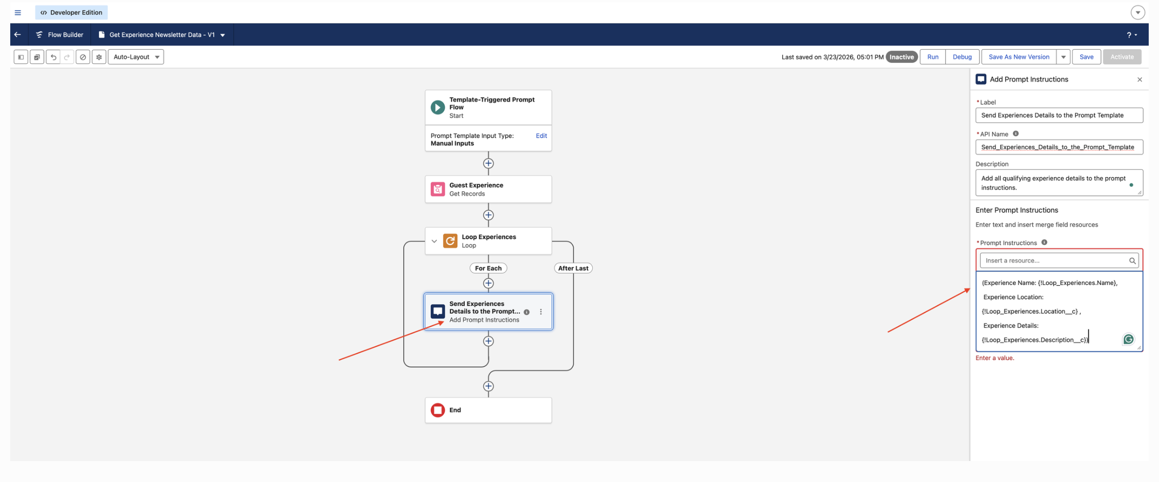 Add Prompt Instructions element formatting each looped experience's name, location and description