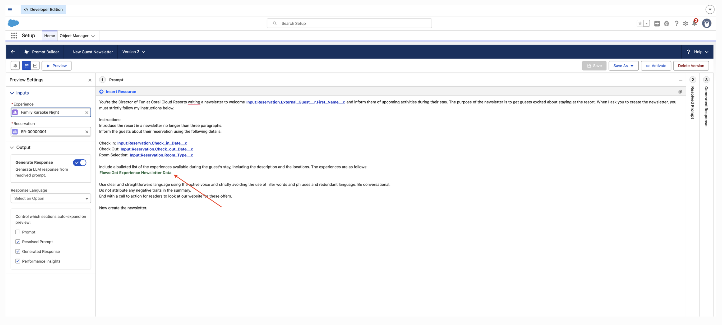 Prompt template now sourcing its experience list from the flow resource instead of a single static record