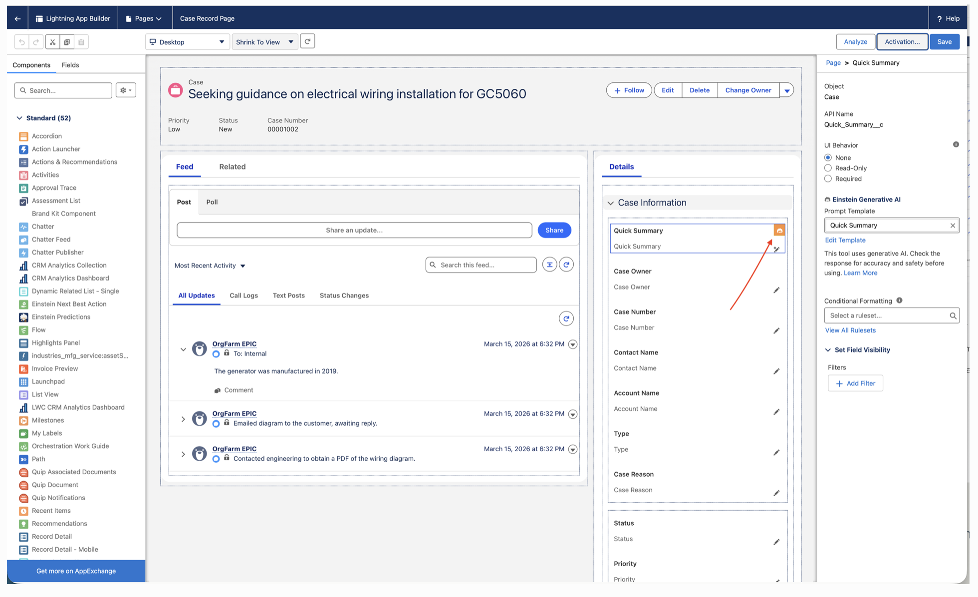 Case record page in Lightning App Builder with the Quick Summary field and Einstein sparkle icon