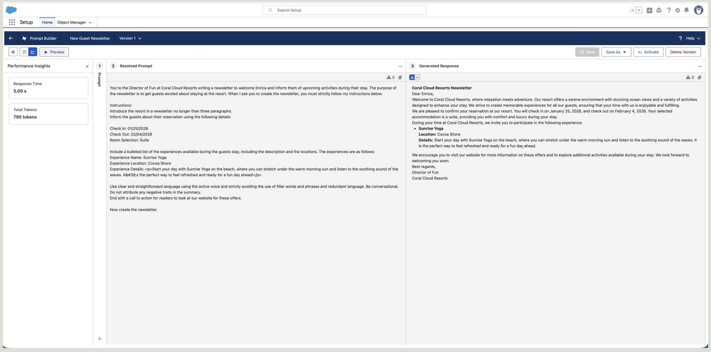 Generated newsletter welcoming the guest with check-in details and a Sunrise Yoga experience