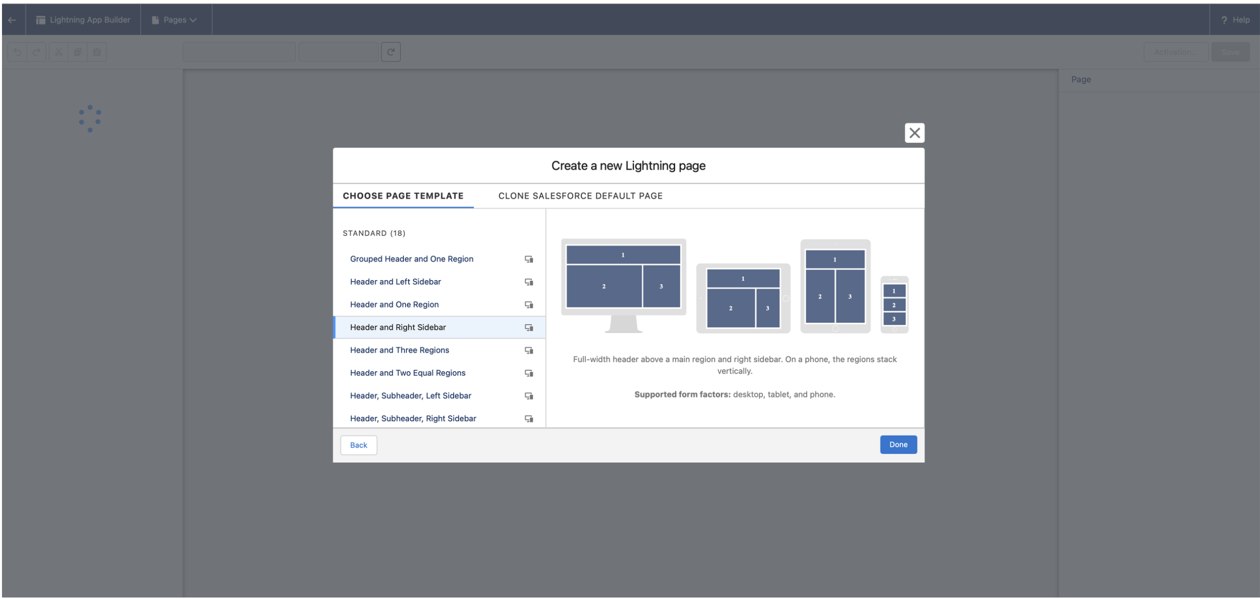 Choosing the Header and Right Sidebar Lightning page template
